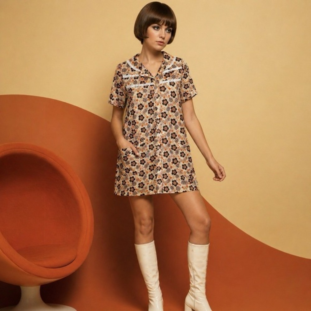 Retro 60's 70's Dress‎ Gabriella 10W Mod Floral 2X GoGo Snap Up Costume Hippie